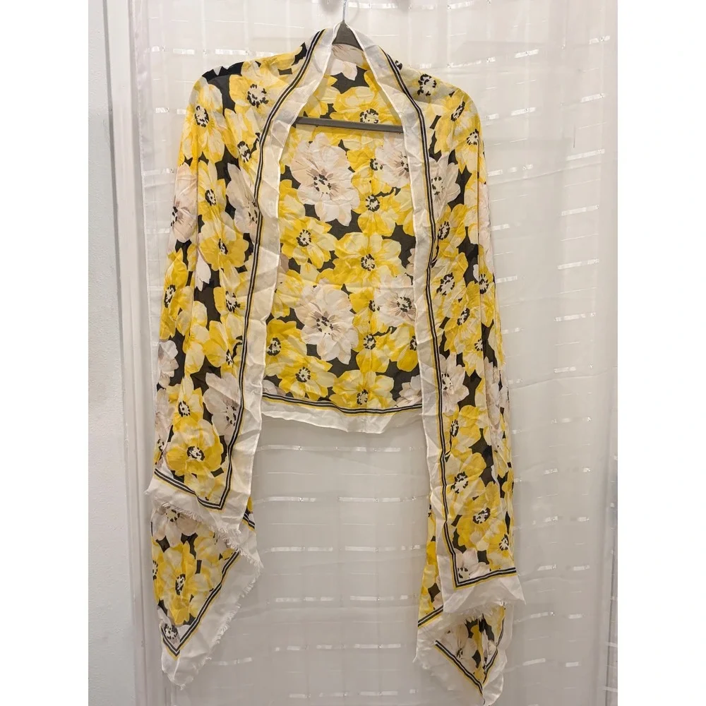 Talbots Yellow Floral Modal Silk Blend Oversized Wrap Scarf Eyelash Fringe